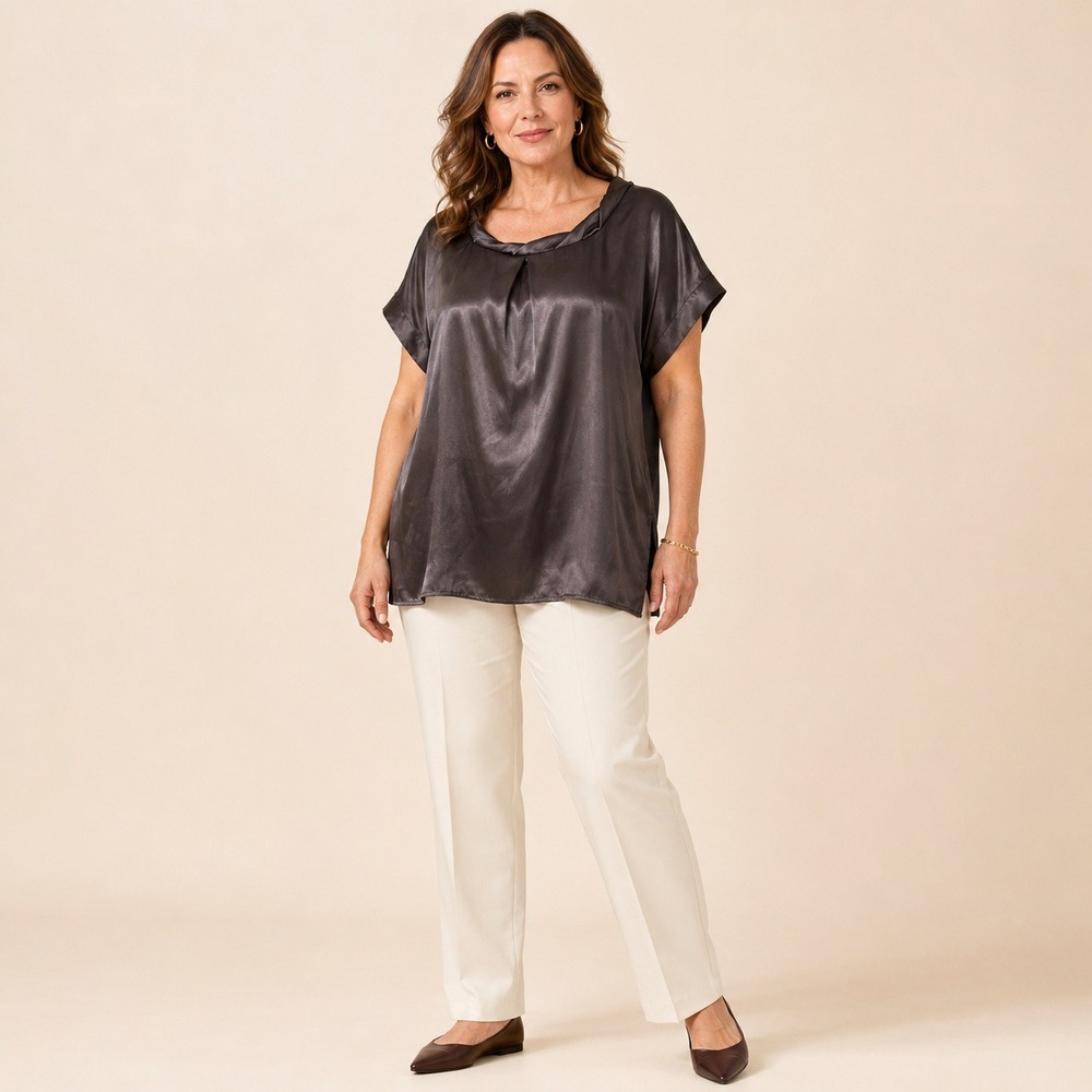 Chicos Womens Size 2 - XL Brown Satin Draped Neck Dolman Blouse Sophisticated